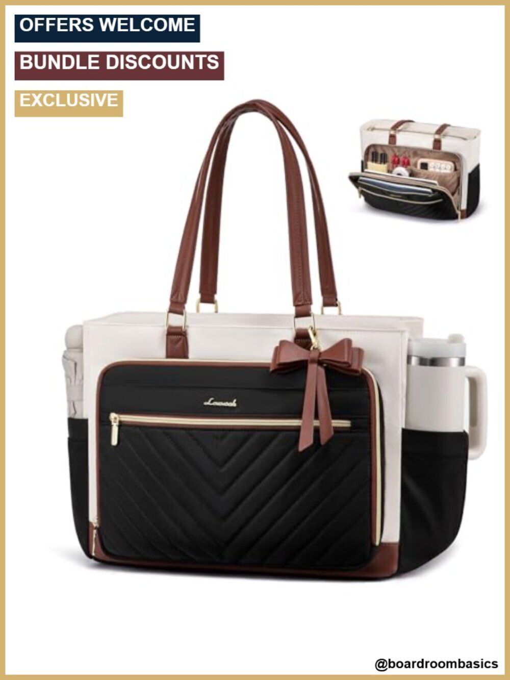 Quilted Tote Bag with Large Cup Holder, Padded Laptop Compartment,